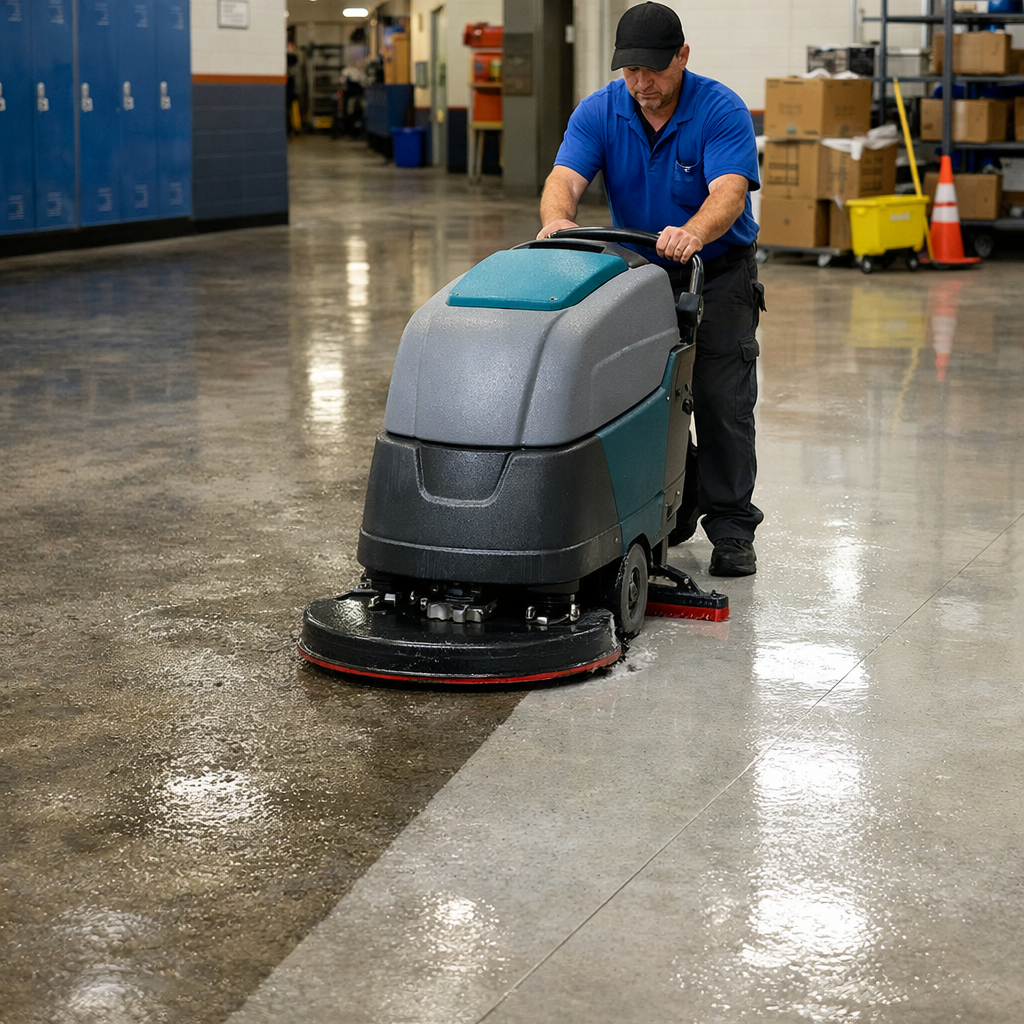 A janitorial worker using an auto scrubber on a commercial floor, with a visible contrast between cleaned and uncleaned sections, realistic facility setting such as a school or warehouse, natural lighting, focus on floor texture and cleanliness, professional and practical environmentA janitorial worker using an auto scrubber on a commercial floor, with a visible contrast between cleaned and uncleaned sections, realistic facility setting such as a school or warehouse, natural lighting, focus on floor texture and cleanliness, professional and practical environment